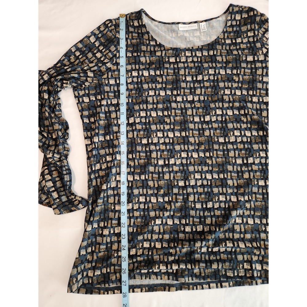 Susan Graver Blue Geometric Block Print Tunic Ruched Flared Sleeves Size‎ 1X - Picture 5 of 9